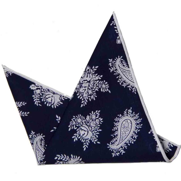 Mens Pocket Square Navy White Paisley Floral - Picture 2 of 2